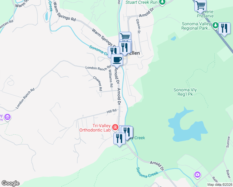 map of restaurants, bars, coffee shops, grocery stores, and more near 13912 Arnold Drive in Glen Ellen