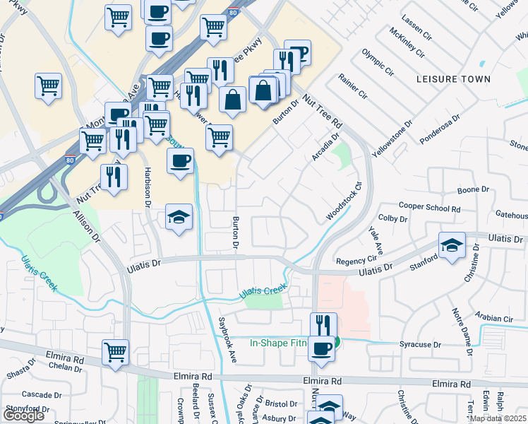 map of restaurants, bars, coffee shops, grocery stores, and more near 456 Danbury Circle in Vacaville