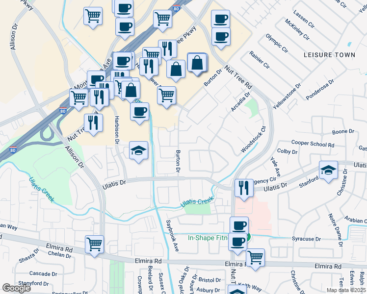 map of restaurants, bars, coffee shops, grocery stores, and more near 1120 Burton Drive in Vacaville