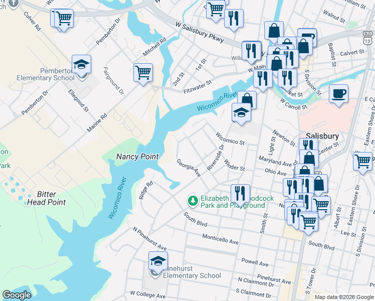 map of restaurants, bars, coffee shops, grocery stores, and more near 532 Alabama Avenue in Salisbury
