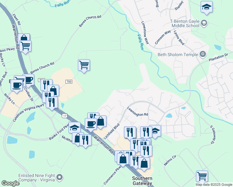 map of restaurants, bars, coffee shops, grocery stores, and more near 409 Crossing Road in Fredericksburg
