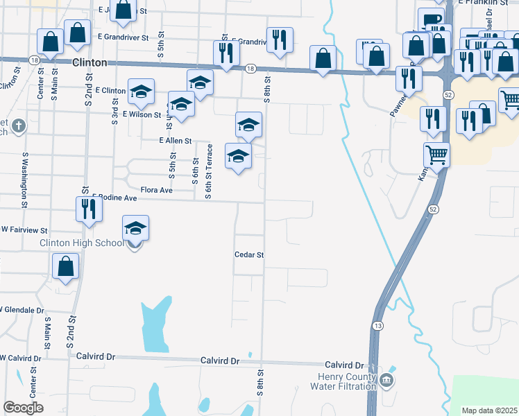 map of restaurants, bars, coffee shops, grocery stores, and more near 1001 South 8th Street in Clinton