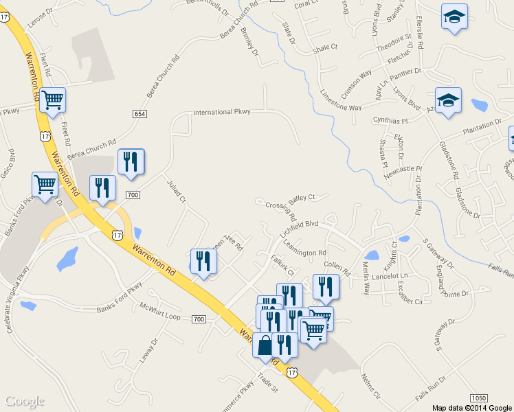 map of restaurants, bars, coffee shops, grocery stores, and more near 409 Crossing Road in Fredericksburg