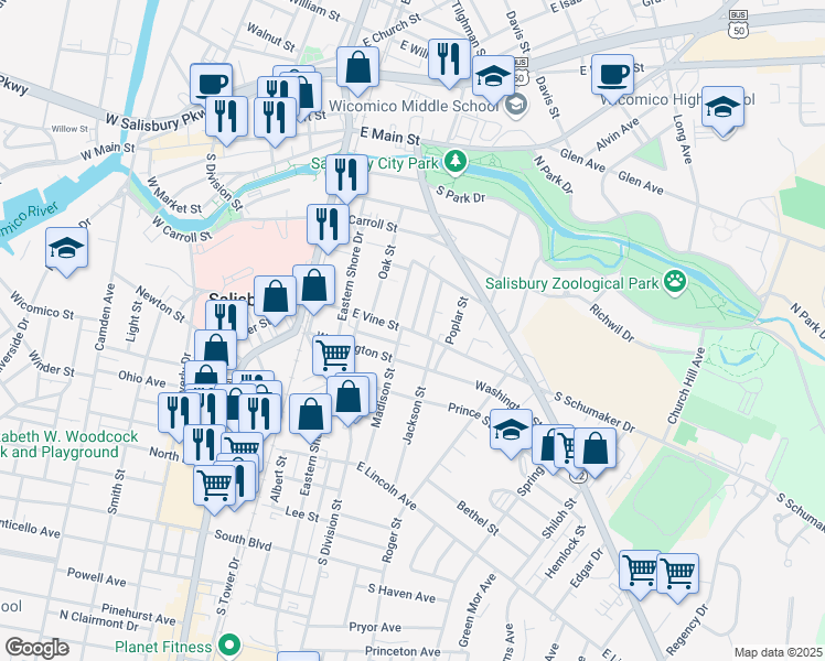 map of restaurants, bars, coffee shops, grocery stores, and more near 321 East Vine Street in Salisbury