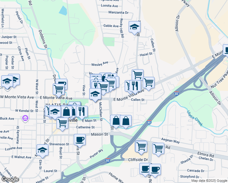 map of restaurants, bars, coffee shops, grocery stores, and more near 891 Markham Avenue in Vacaville