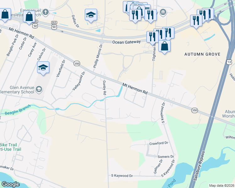 map of restaurants, bars, coffee shops, grocery stores, and more near 1609 Lavale Court in Salisbury