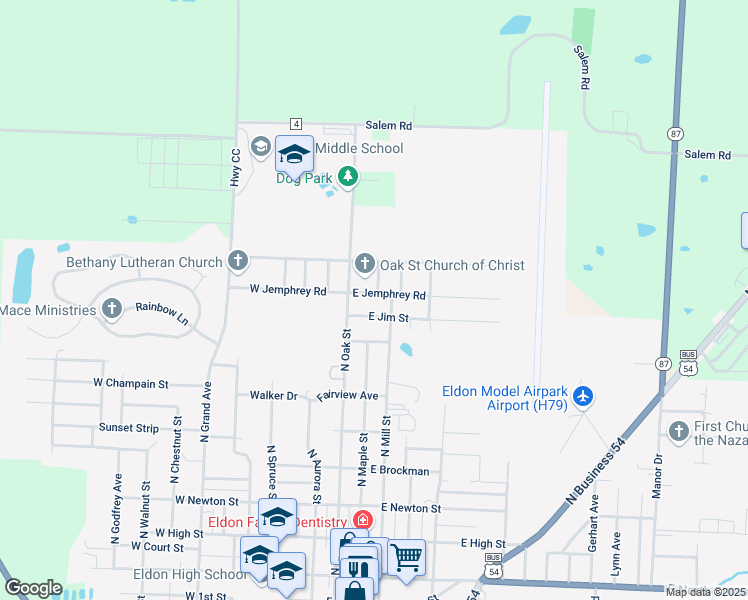 map of restaurants, bars, coffee shops, grocery stores, and more near 100-398 E Jim in Eldon