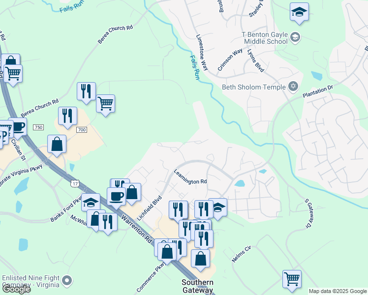 map of restaurants, bars, coffee shops, grocery stores, and more near 106 Batley Court in Fredericksburg