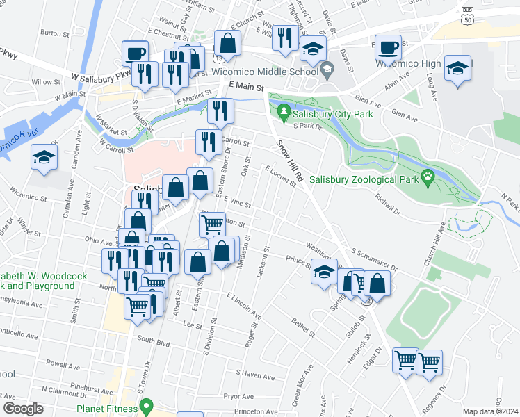 map of restaurants, bars, coffee shops, grocery stores, and more near 319 East Vine Street in Salisbury