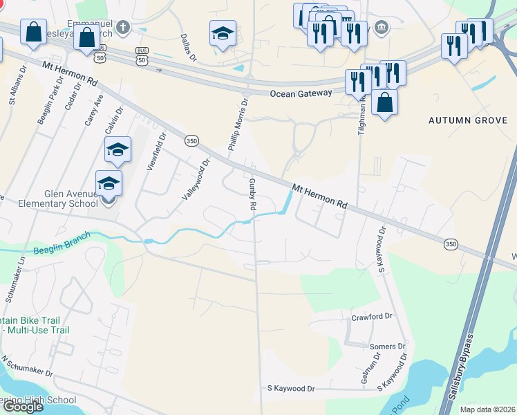 map of restaurants, bars, coffee shops, grocery stores, and more near 502 Gunby Road in Salisbury