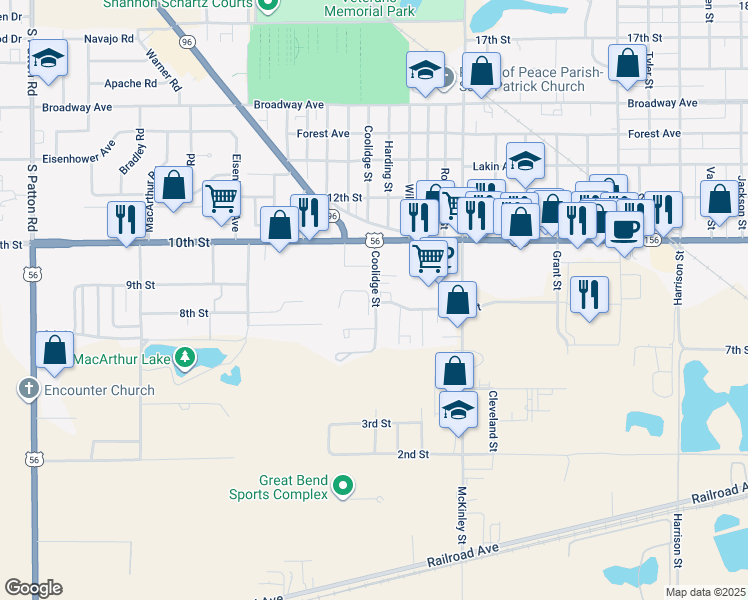 map of restaurants, bars, coffee shops, grocery stores, and more near 737 Wilson Street in Great Bend