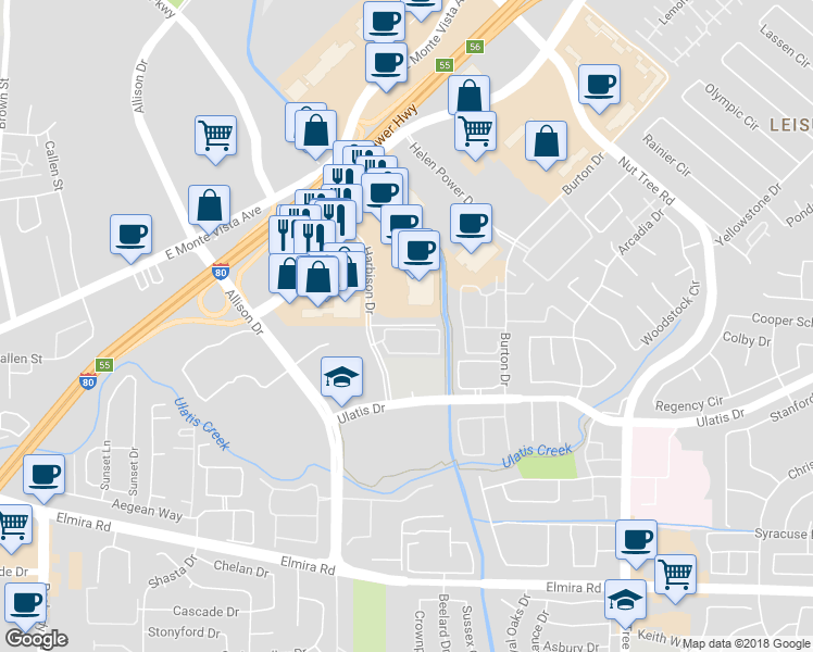 map of restaurants, bars, coffee shops, grocery stores, and more near 4610 Damiano Lane in Vacaville