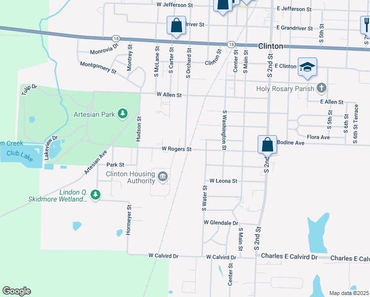 map of restaurants, bars, coffee shops, grocery stores, and more near 999 South Orchard Street in Clinton