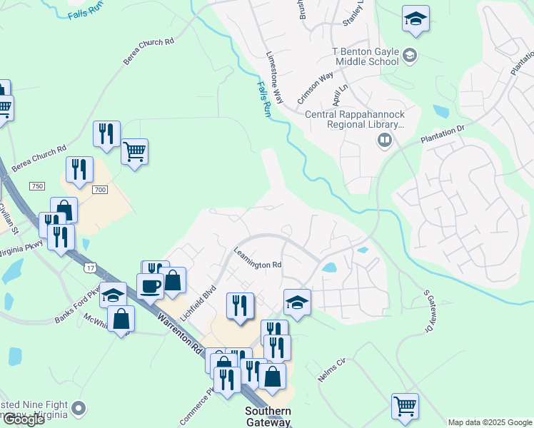 map of restaurants, bars, coffee shops, grocery stores, and more near 306 Batley Court in Fredericksburg
