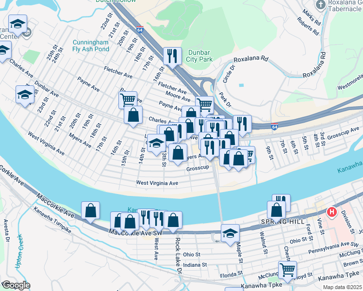 map of restaurants, bars, coffee shops, grocery stores, and more near 330 12th Street in Dunbar