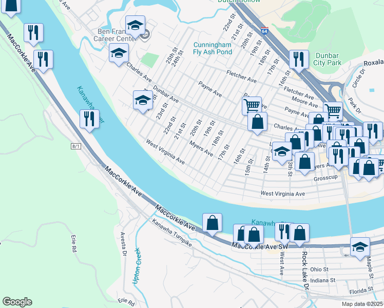 map of restaurants, bars, coffee shops, grocery stores, and more near 219 19th Street in Dunbar