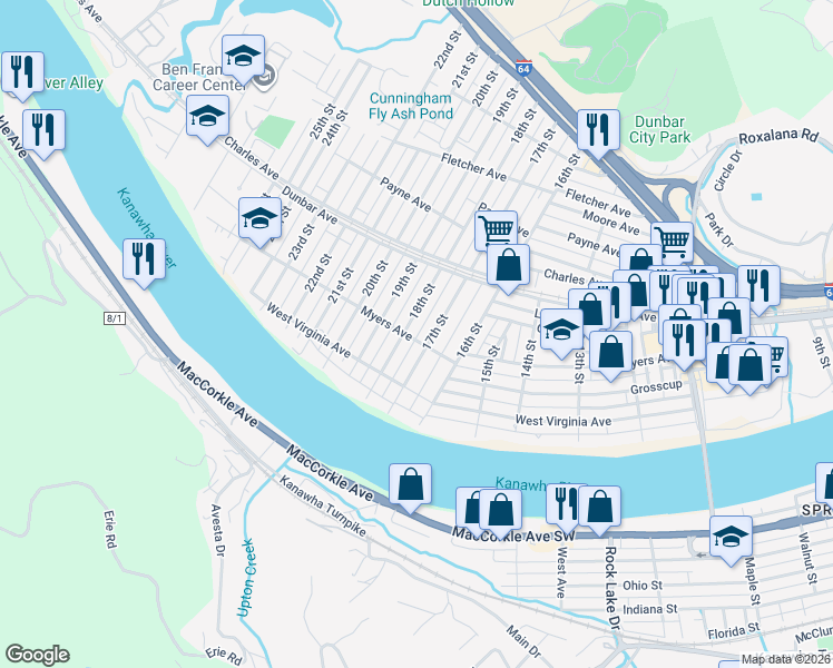 map of restaurants, bars, coffee shops, grocery stores, and more near 1704 Myers Avenue in Dunbar
