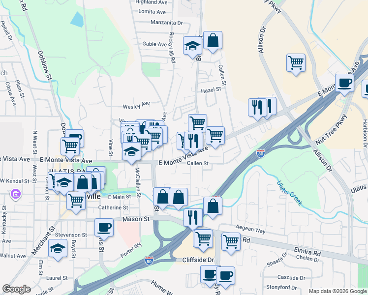 map of restaurants, bars, coffee shops, grocery stores, and more near 1068 East Monte Vista Avenue in Vacaville