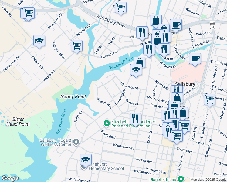 map of restaurants, bars, coffee shops, grocery stores, and more near 701 Taylor Street in Salisbury