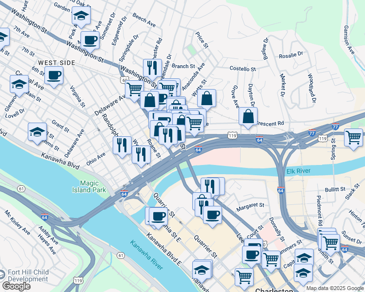 map of restaurants, bars, coffee shops, grocery stores, and more near 203 West Washington Street in Charleston