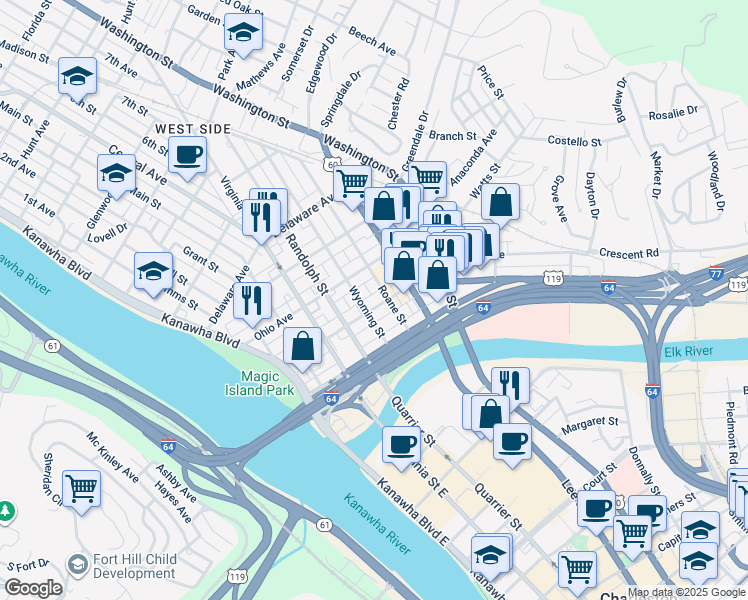 map of restaurants, bars, coffee shops, grocery stores, and more near 410 Tennessee Avenue in Charleston