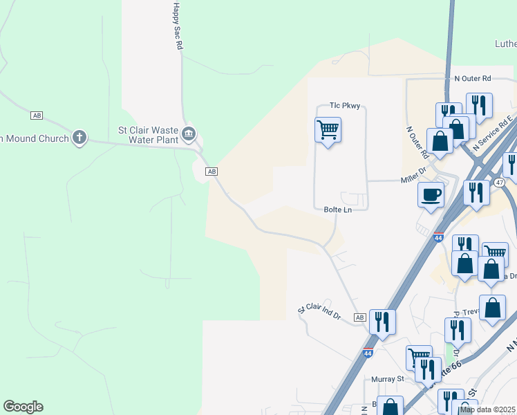 map of restaurants, bars, coffee shops, grocery stores, and more near 295 Highway Ab in Saint Clair