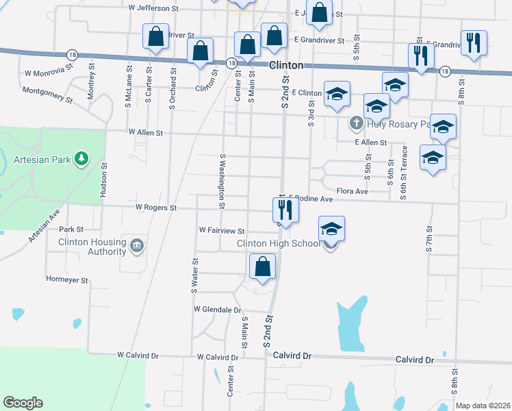 map of restaurants, bars, coffee shops, grocery stores, and more near 108 East Rogers Street in Clinton