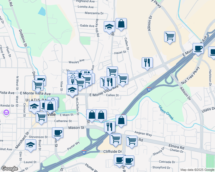 map of restaurants, bars, coffee shops, grocery stores, and more near 1061 East Monte Vista Avenue in Vacaville