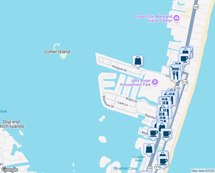 map of restaurants, bars, coffee shops, grocery stores, and more near 508 Robin Drive in Ocean City