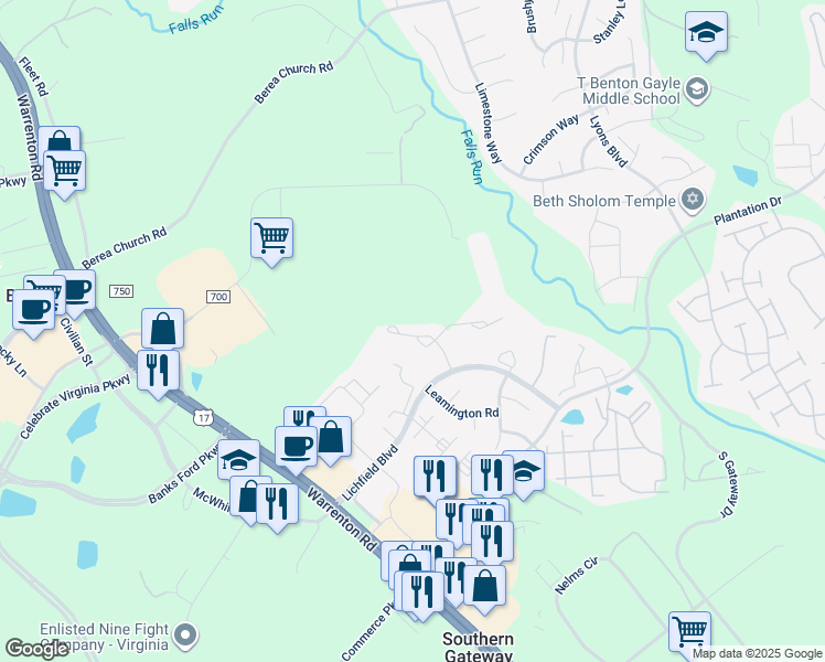 map of restaurants, bars, coffee shops, grocery stores, and more near 300 Crossing Road in Fredericksburg