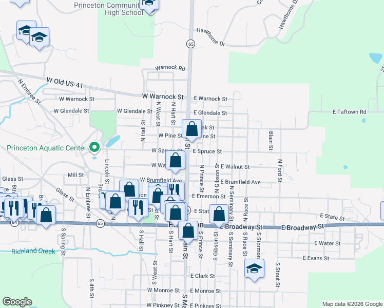 map of restaurants, bars, coffee shops, grocery stores, and more near 500-598 North Main Street in Princeton