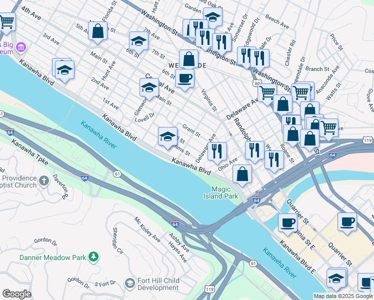 map of restaurants, bars, coffee shops, grocery stores, and more near 600 Park Avenue in Charleston