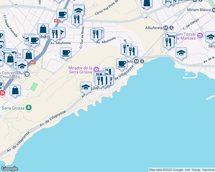 map of restaurants, bars, coffee shops, grocery stores, and more near 12 Avenida de Villajoyosa in Alicante (Alacant)
