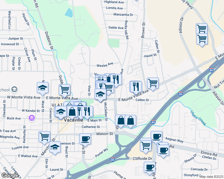 map of restaurants, bars, coffee shops, grocery stores, and more near 781 East Monte Vista Avenue in Vacaville