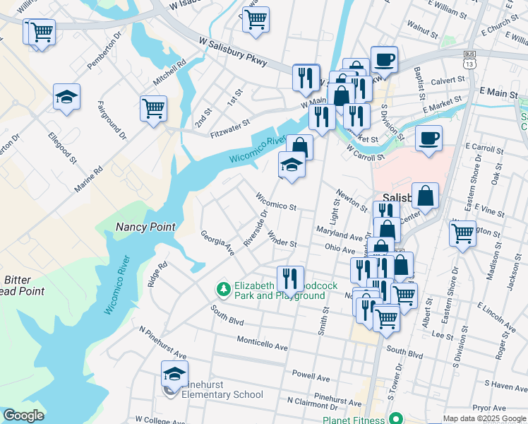 map of restaurants, bars, coffee shops, grocery stores, and more near 605 Riverside Drive in Salisbury