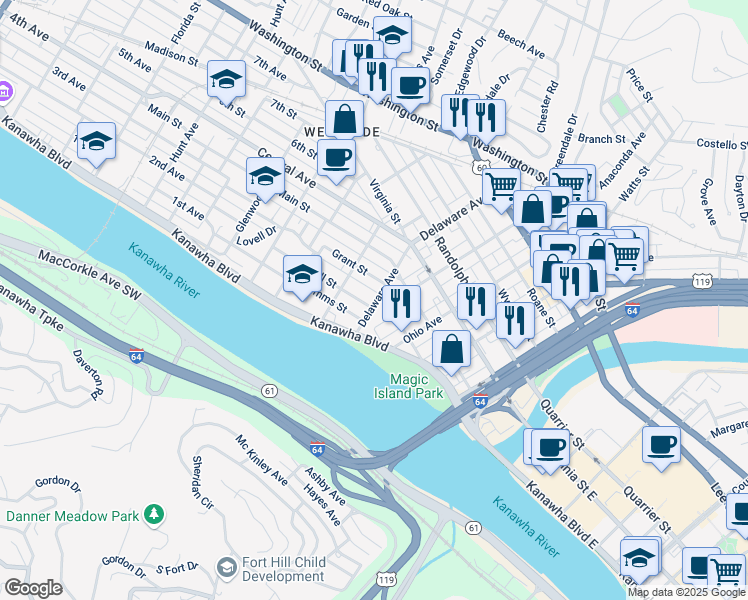map of restaurants, bars, coffee shops, grocery stores, and more near 7 Delaware Avenue in Charleston
