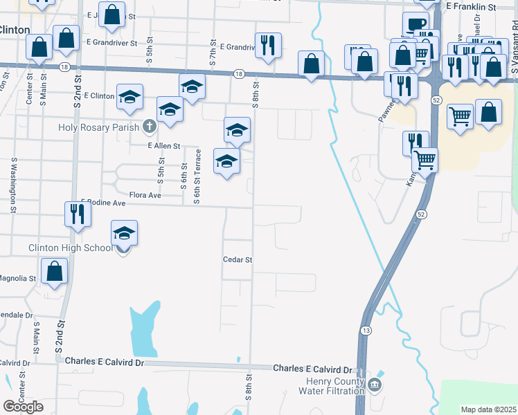 map of restaurants, bars, coffee shops, grocery stores, and more near 1001-1005 South 8th Street in Clinton
