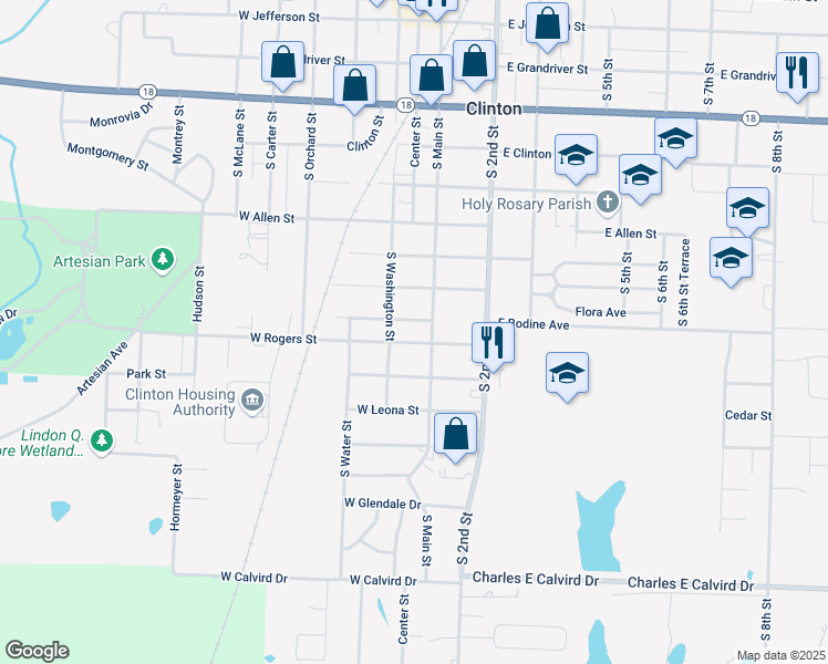 map of restaurants, bars, coffee shops, grocery stores, and more near 2-104 West Rogers Street in Clinton