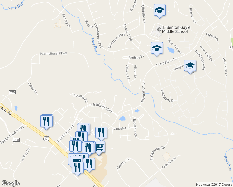 map of restaurants, bars, coffee shops, grocery stores, and more near 504 Harrogate Road in Fredericksburg