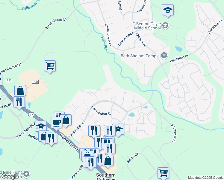 map of restaurants, bars, coffee shops, grocery stores, and more near 504 Batley Court in Fredericksburg