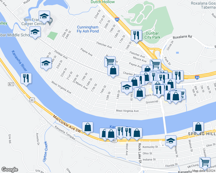 map of restaurants, bars, coffee shops, grocery stores, and more near 332 16th Street in Dunbar