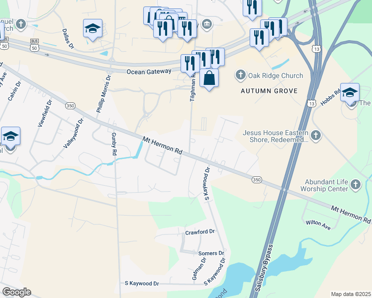 map of restaurants, bars, coffee shops, grocery stores, and more near 350 Tilghman Road in Salisbury