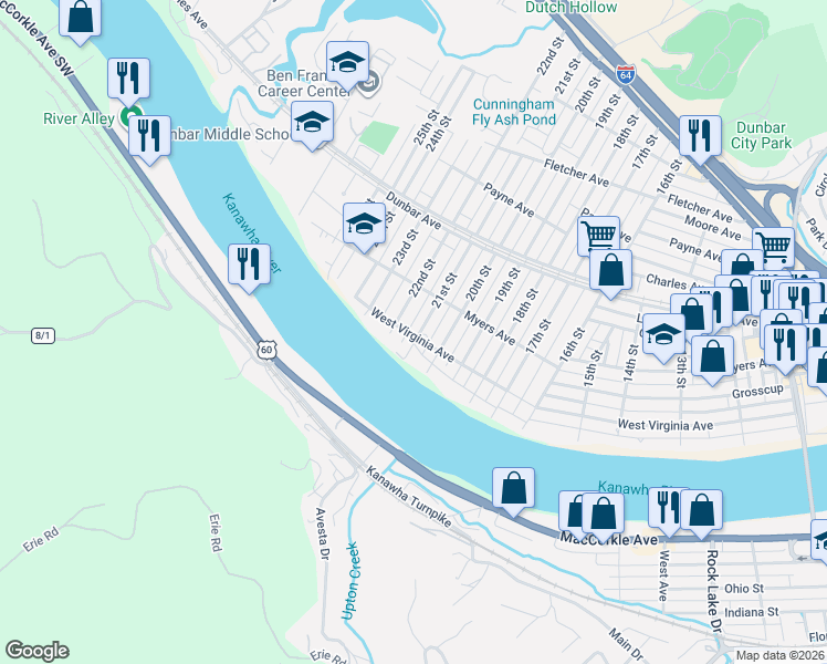 map of restaurants, bars, coffee shops, grocery stores, and more near 111 a in Dunbar