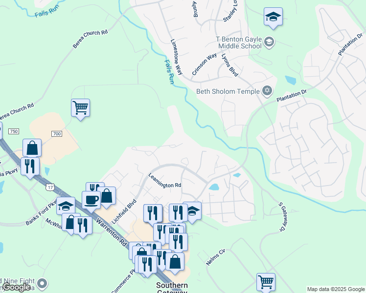 map of restaurants, bars, coffee shops, grocery stores, and more near 504 Batley Court in Fredericksburg