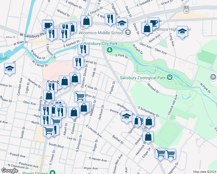 map of restaurants, bars, coffee shops, grocery stores, and more near 413 East Vine Street in Salisbury