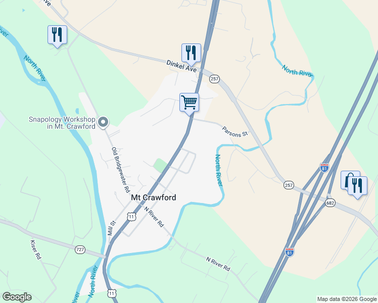 map of restaurants, bars, coffee shops, grocery stores, and more near North Cemetary Drive in Mount Crawford