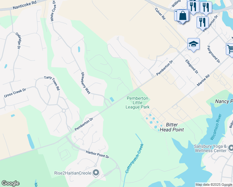 map of restaurants, bars, coffee shops, grocery stores, and more near 1115 Darrow Court in Salisbury