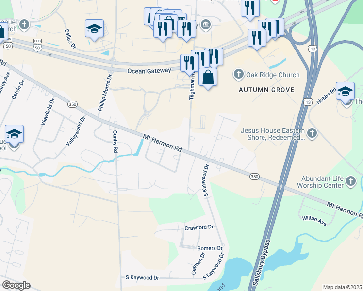 map of restaurants, bars, coffee shops, grocery stores, and more near 350 Tilghman Road in Salisbury