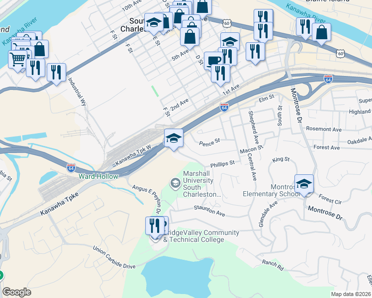 map of restaurants, bars, coffee shops, grocery stores, and more near 3009 Ridgeview Drive in Charleston
