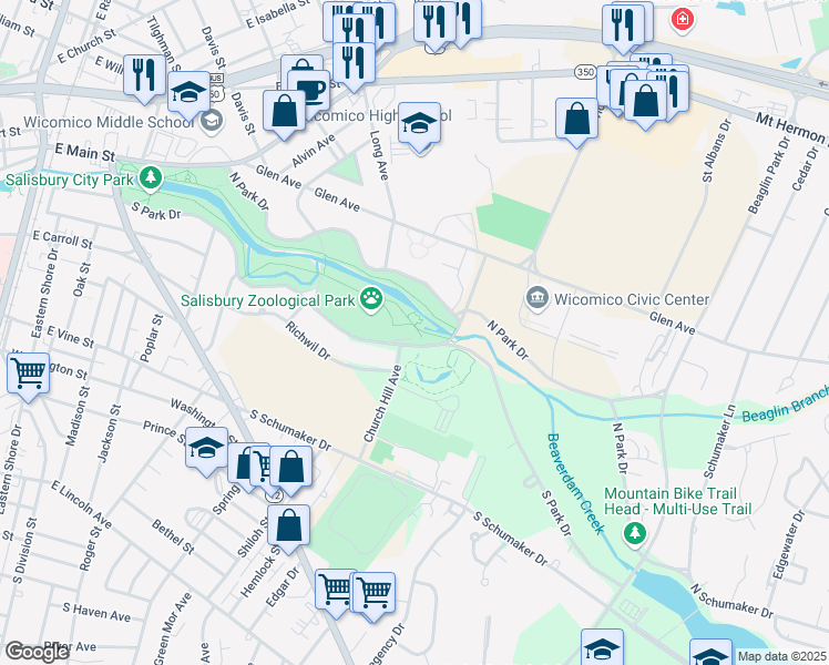 map of restaurants, bars, coffee shops, grocery stores, and more near 755 South Park Drive in Salisbury